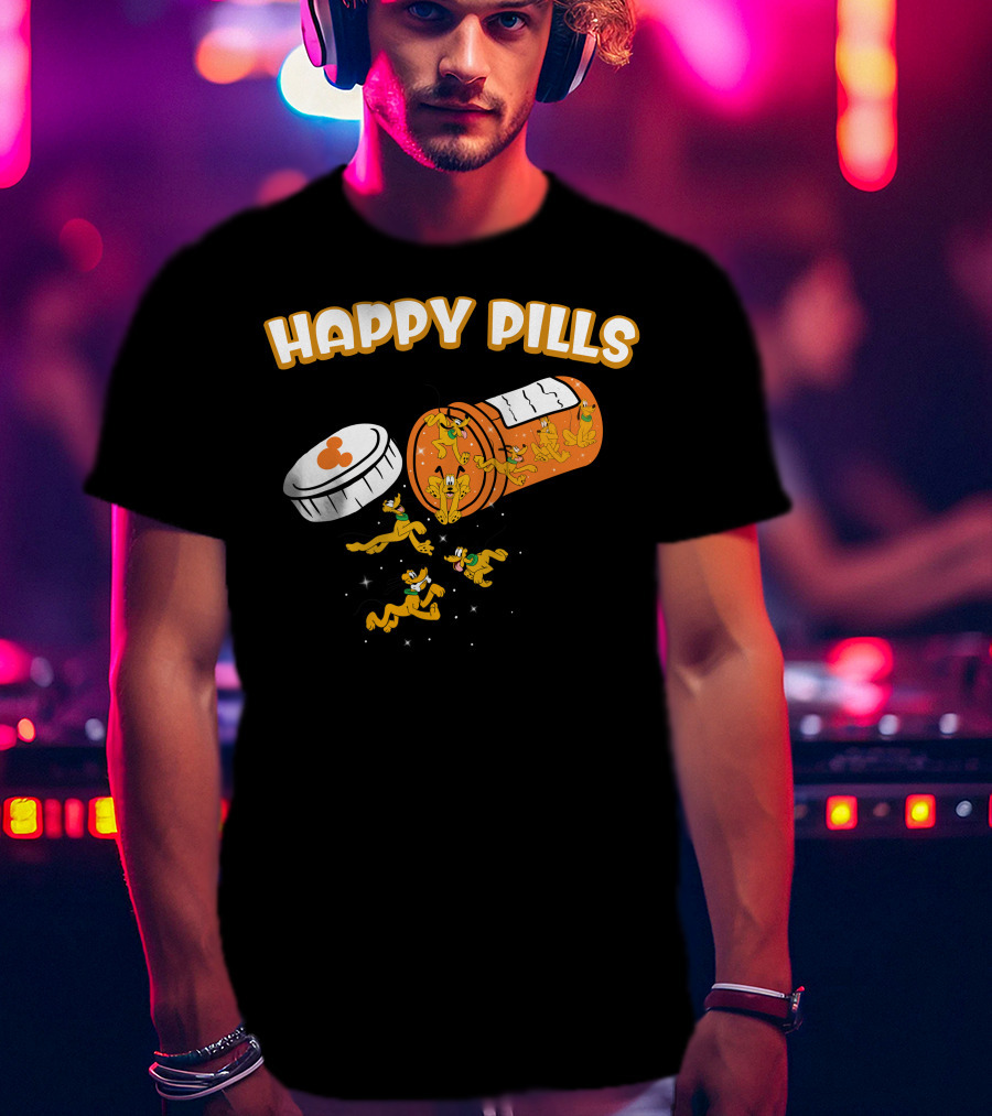 HAPPY PILLS Pluto Characters In Orange Pill Bottle T-Shirt
