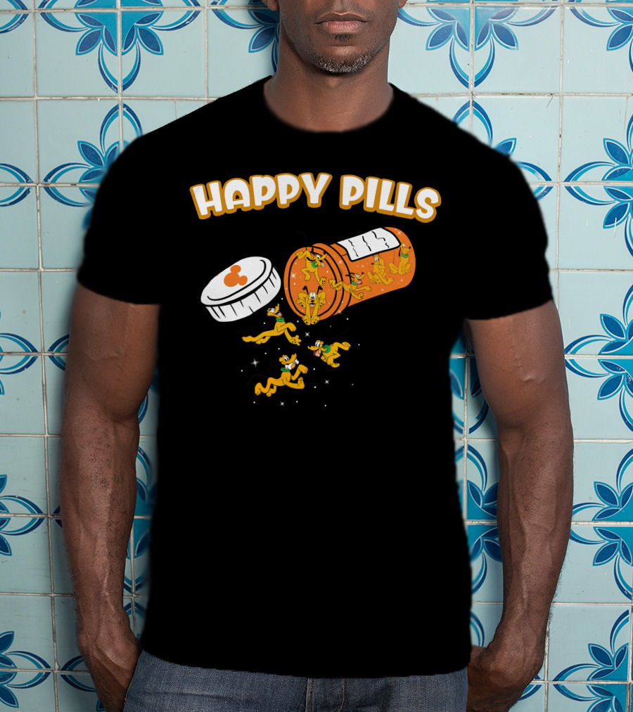 HAPPY PILLS Pluto Characters In Orange Pill Bottle T-Shirt