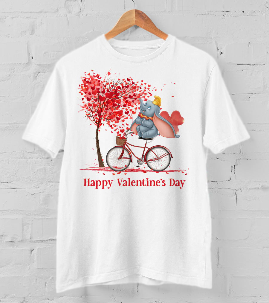 Happy Valentine's Day Dumbo With Hearts Bicycle T-Shirt