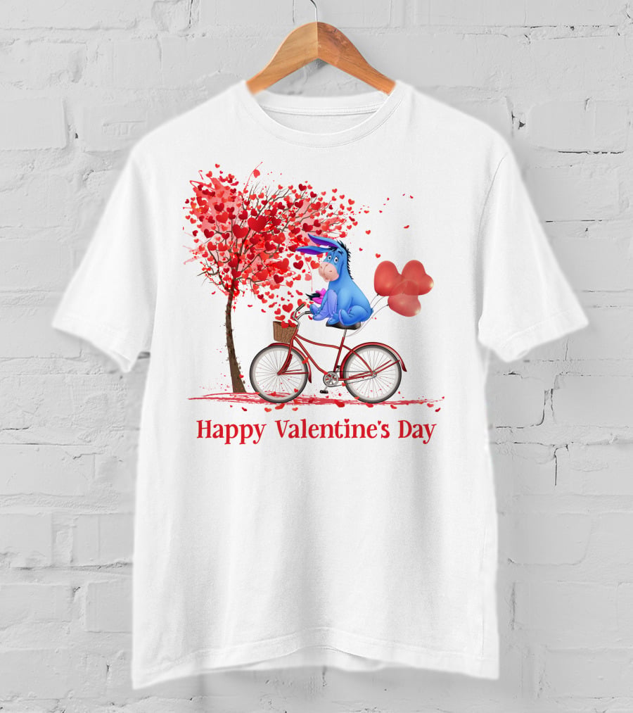 Happy Valentine's Day Eeyore On Bicycle With Heart Balloons And Tree Of Hearts T-Shirt