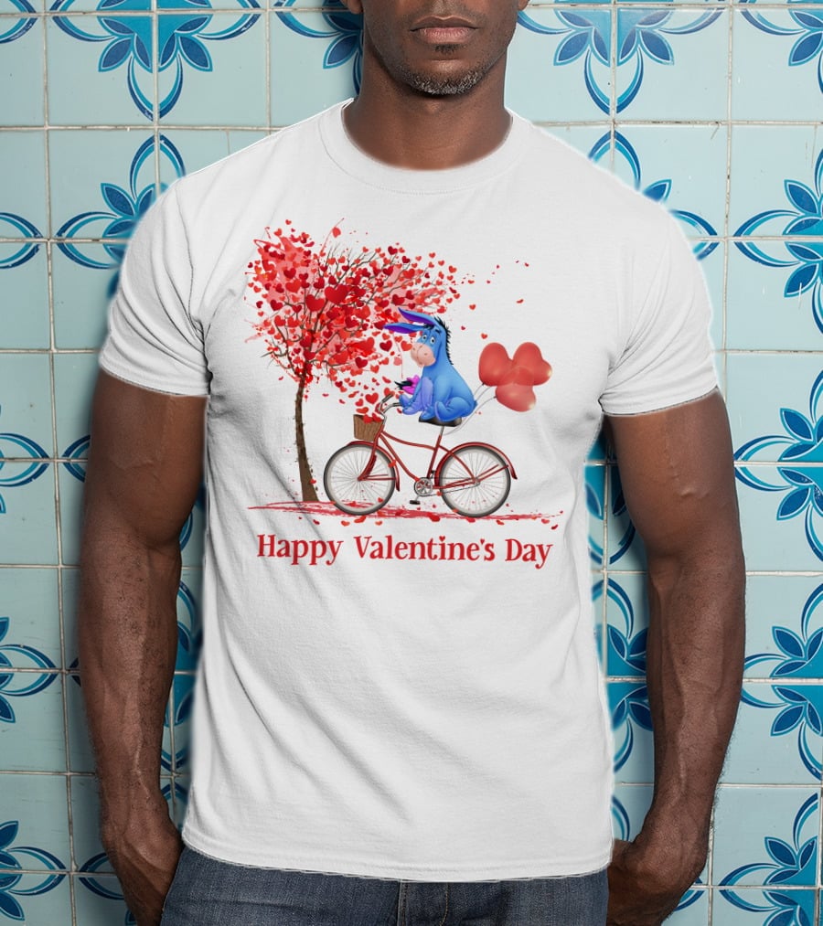 Happy Valentine's Day Eeyore On Bicycle With Heart Balloons And Tree Of Hearts T-Shirt