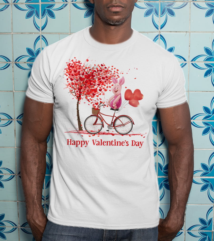 Happy Valentine's Day Piglet With Heart Balloons On Bicycle T-Shirt