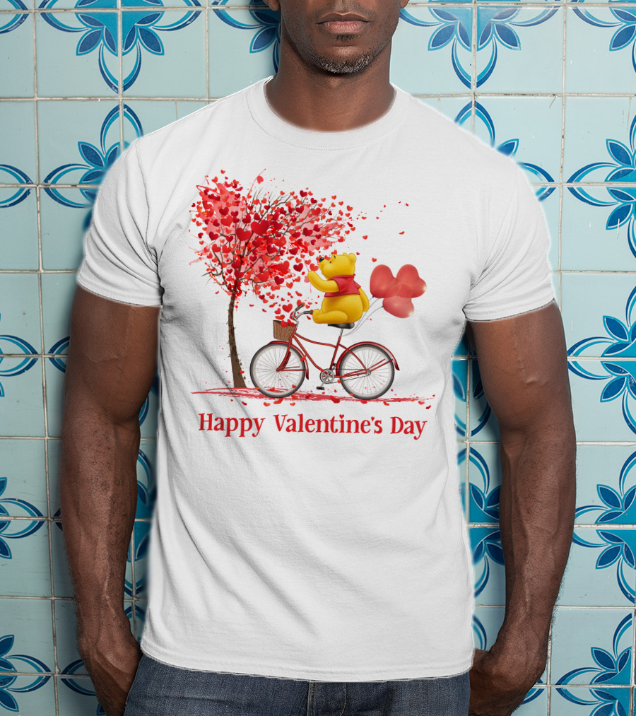 Happy Valentine's Day Bicycle Bear With Love Balloons And Heart Tree T-Shirt