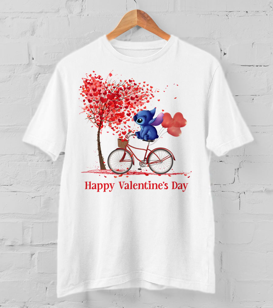 Happy Valentine's Day Stitch Bicycle Heart Balloons T-Shirt