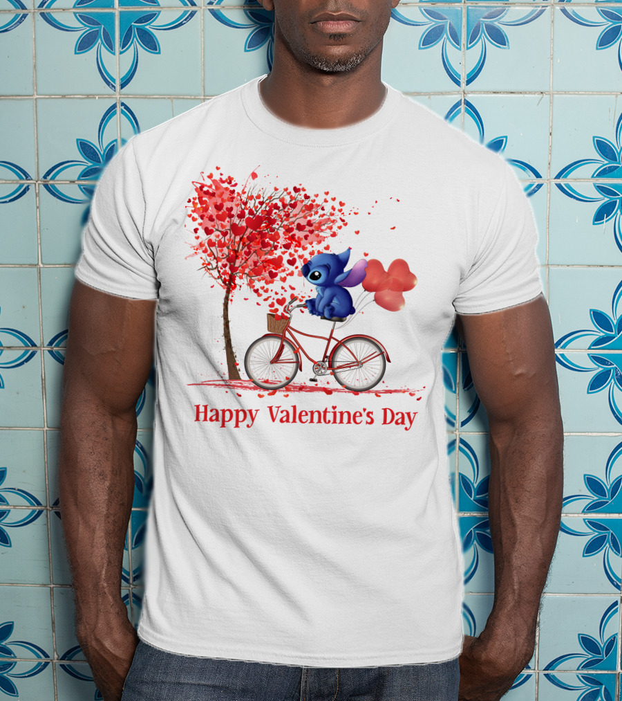 Happy Valentine's Day Stitch Bicycle Heart Balloons T-Shirt