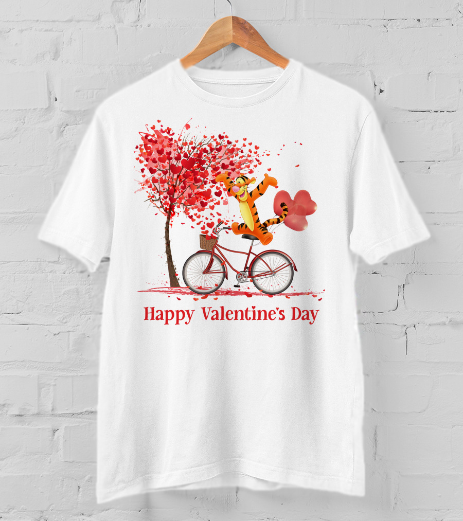 Happy Valentine's Day Tigger Riding Bicycle With Heart Balloon And Heart Tree T-Shirt
