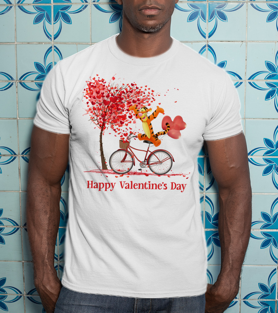 Happy Valentine's Day Tigger Riding Bicycle With Heart Balloon And Heart Tree T-Shirt
