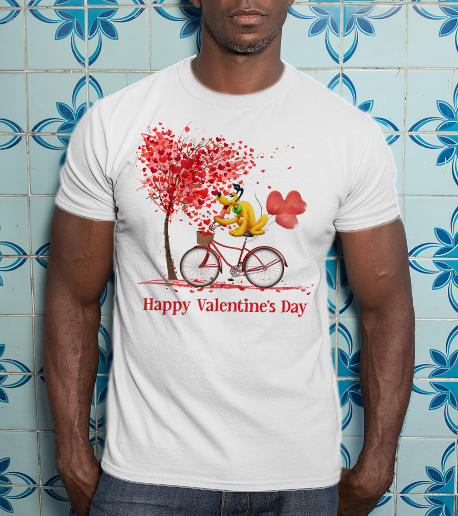 Disney Pluto Happy Valentine's Day Bicycle And Heart Tree T-Shirt