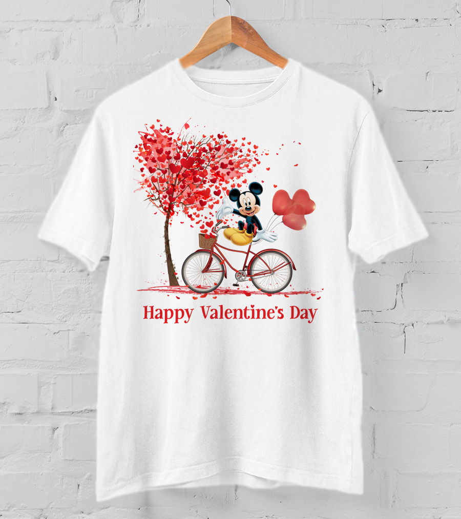 Happy Valentine's Day Mickey Mouse Hearts Bicycle Red Tree T-Shirt