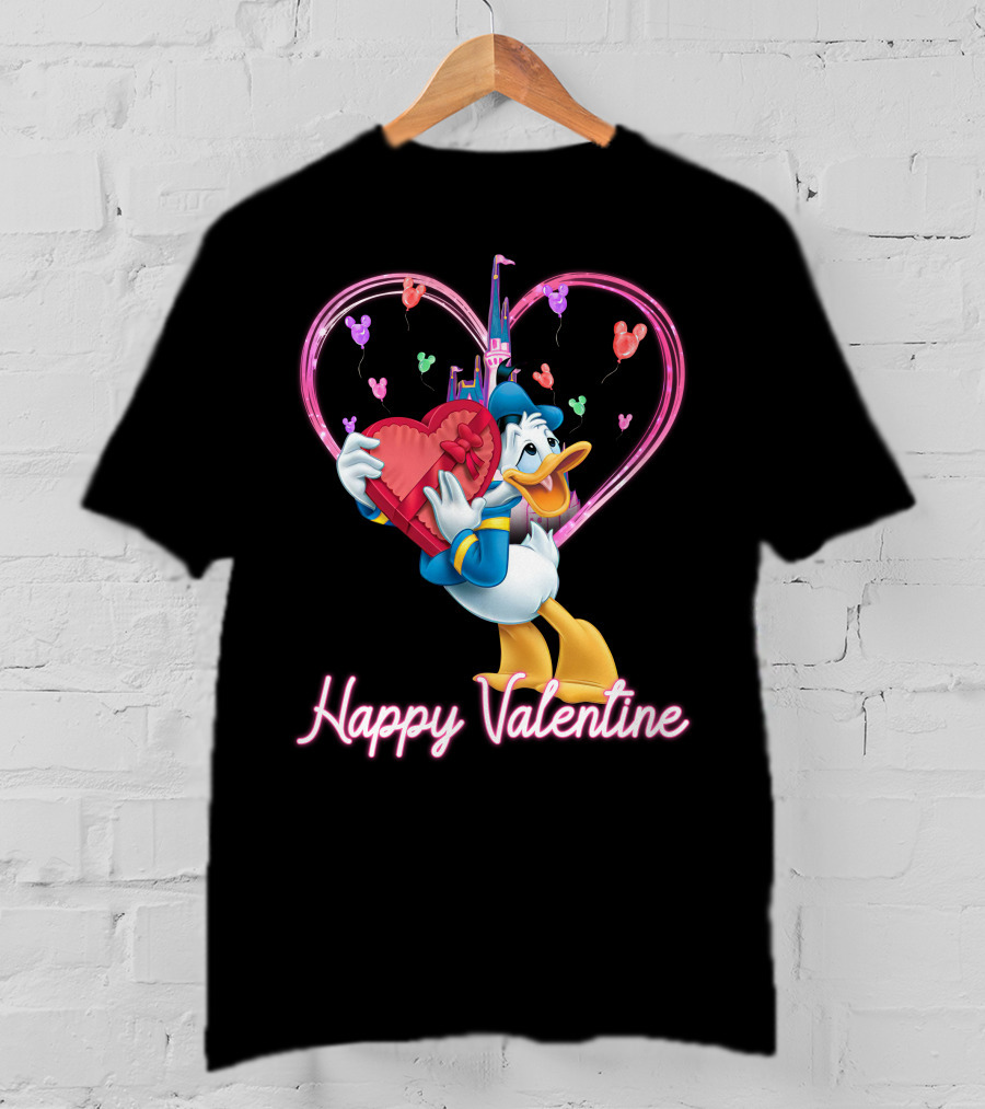 Donald Duck Happy Valentine Heart Balloons And Castle T-Shirt
