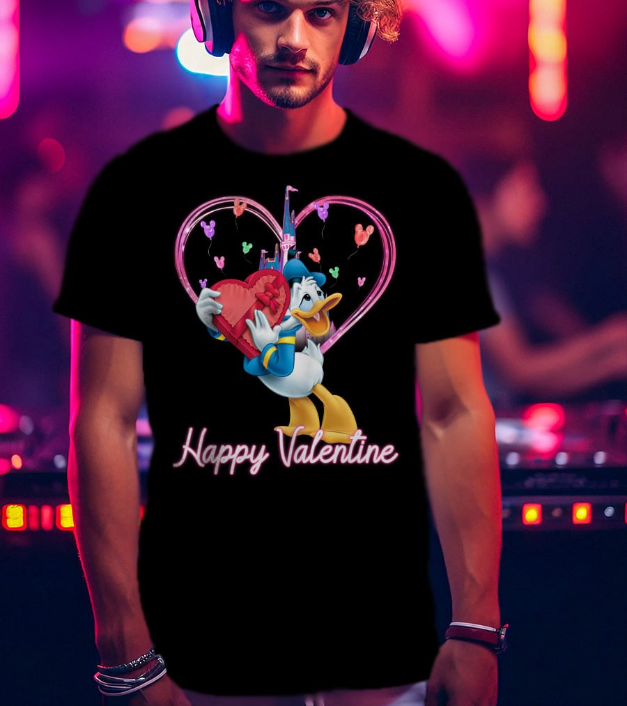 Donald Duck Happy Valentine Heart Balloons And Castle T-Shirt
