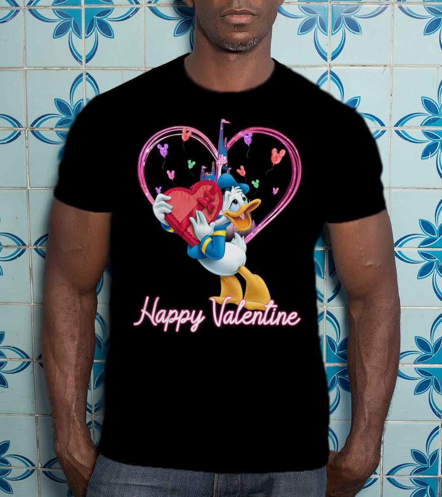 Donald Duck Happy Valentine Heart Balloons And Castle T-Shirt