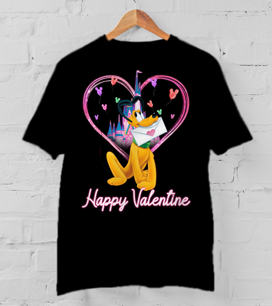 Happy Valentine Pluto Letter Heart Balloons Castle T-Shirt