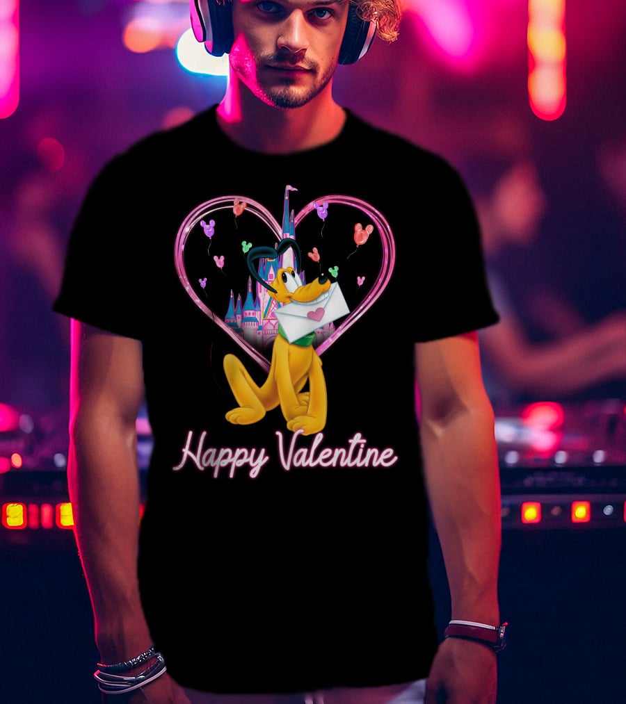 Happy Valentine Pluto Letter Heart Balloons Castle T-Shirt