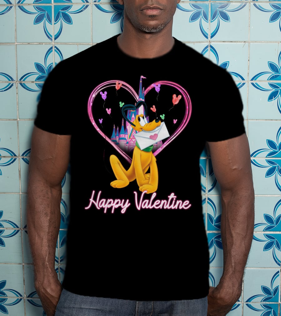 Happy Valentine Pluto Letter Heart Balloons Castle T-Shirt