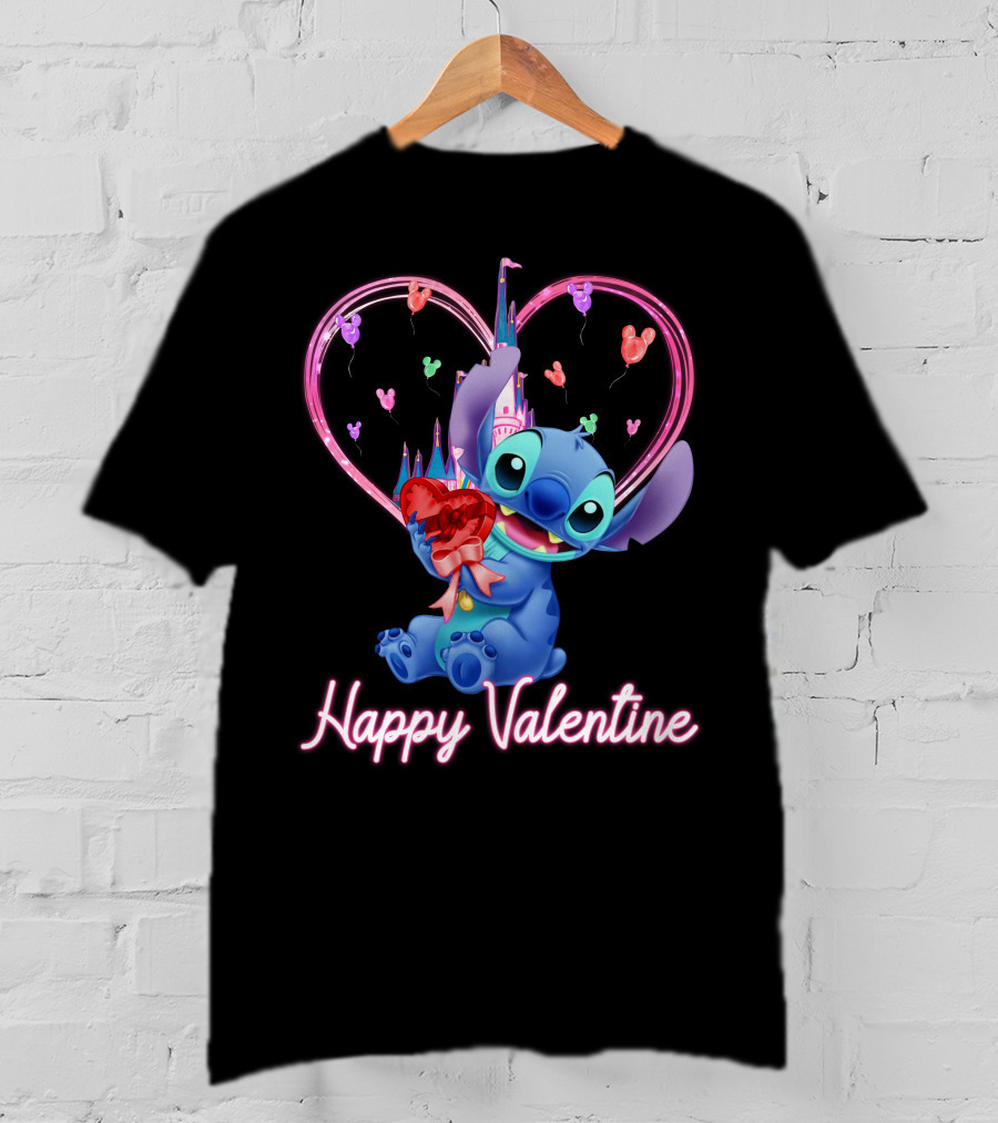 Happy Valentine Stitch Holding Heart With Castle And Balloons T-Shirt