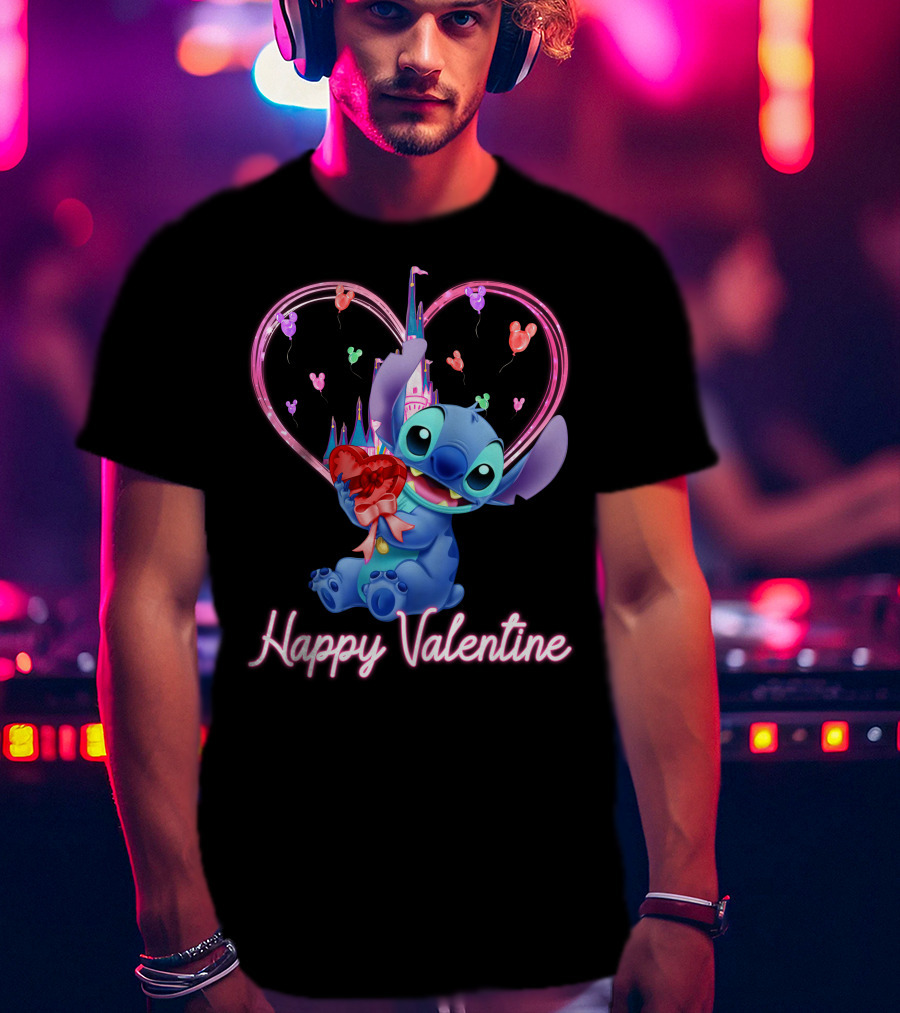 Happy Valentine Stitch Holding Heart With Castle And Balloons T-Shirt