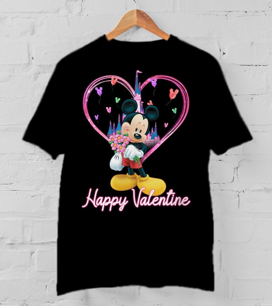 Happy Valentine Mickey Mouse Bouquet And Castle Balloons T-Shirt