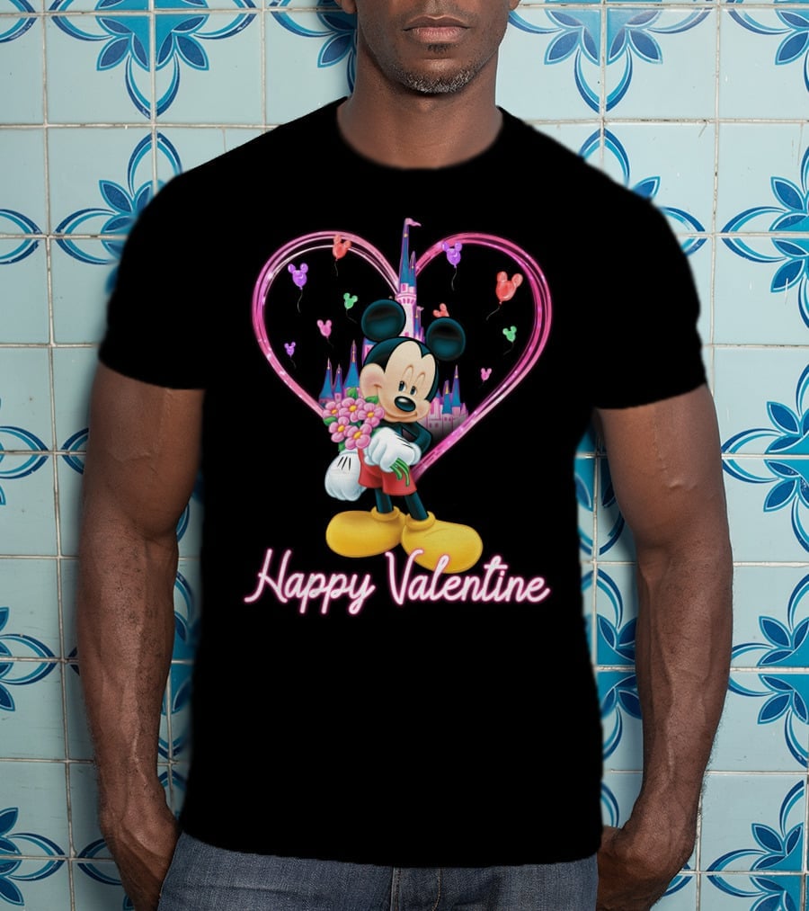 Happy Valentine Mickey Mouse Bouquet And Castle Balloons T-Shirt