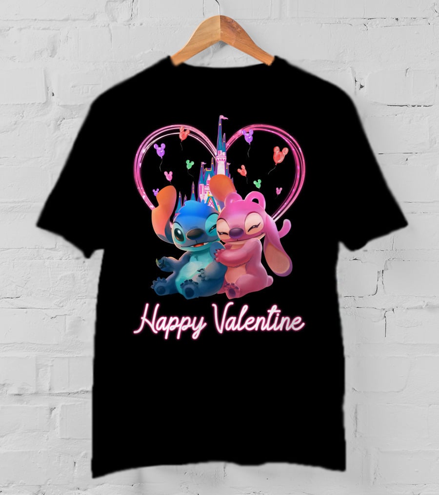 Happy Valentine Stitch Angel Castle Heart Balloons T-Shirt