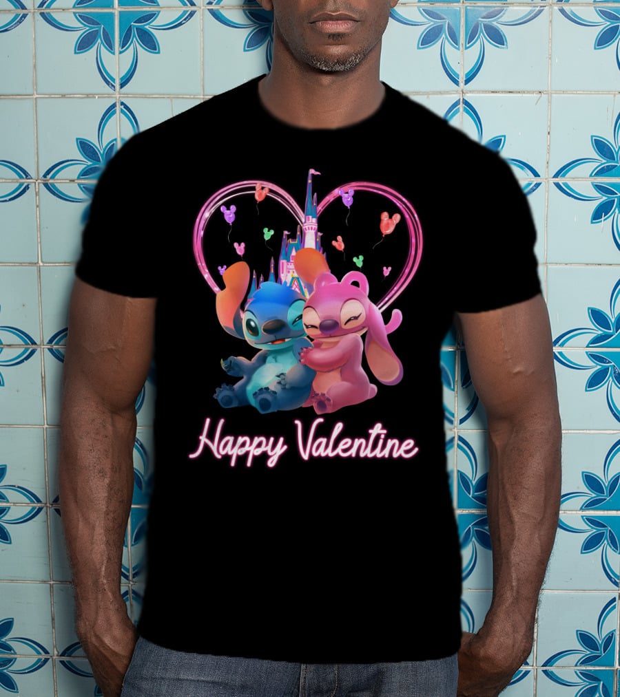 Happy Valentine Stitch Angel Castle Heart Balloons T-Shirt