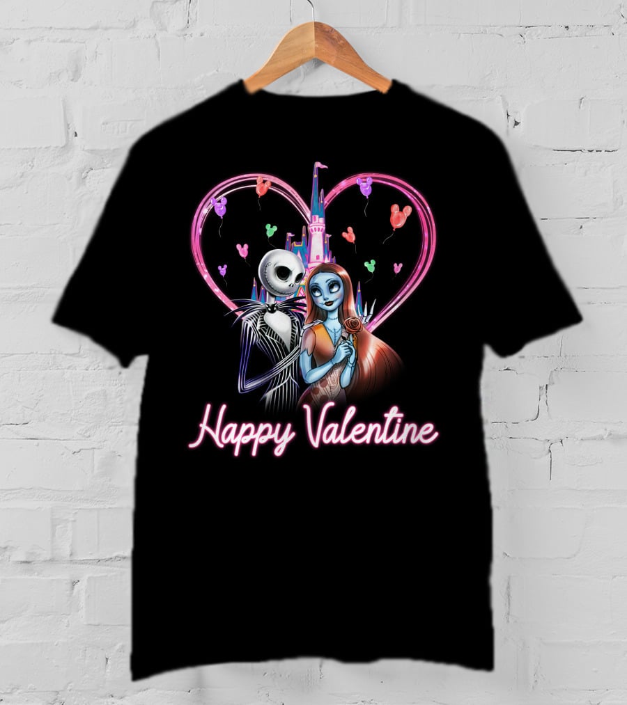 Happy Valentine Jack And Sally Disney Castle Heart Balloons T-Shirt