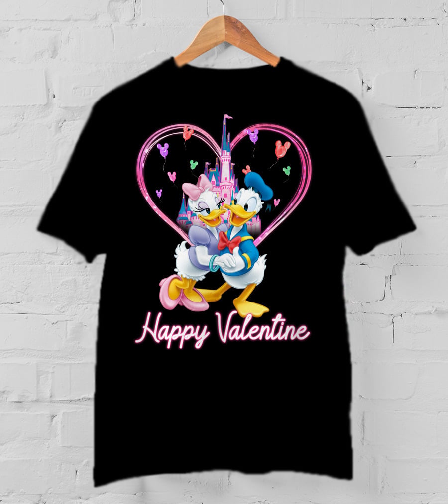 Happy Valentine Donald And Daisy In Front Of Heart Castle T-Shirt