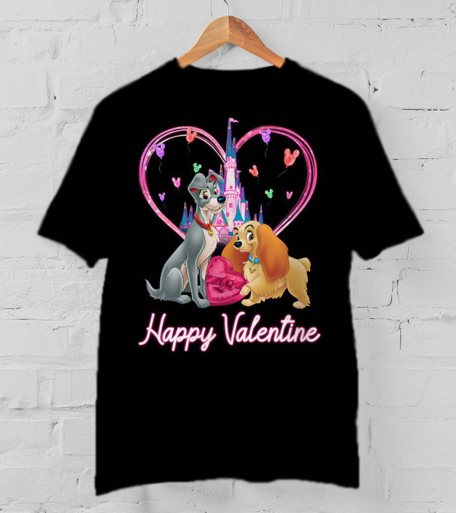Happy Valentine Lady & The Tramp Heart Castle Balloons T-Shirt