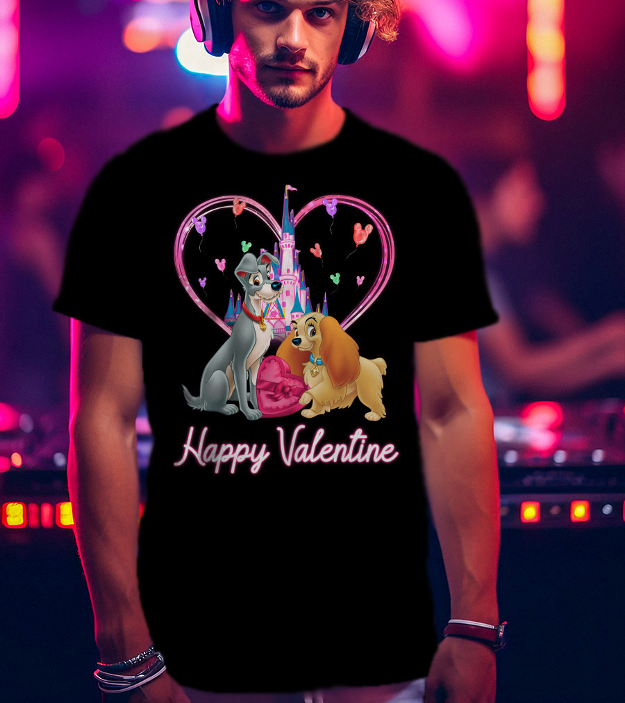 Happy Valentine Lady & The Tramp Heart Castle Balloons T-Shirt