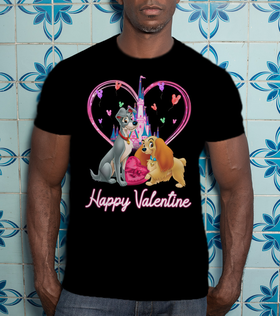 Happy Valentine Lady & The Tramp Heart Castle Balloons T-Shirt