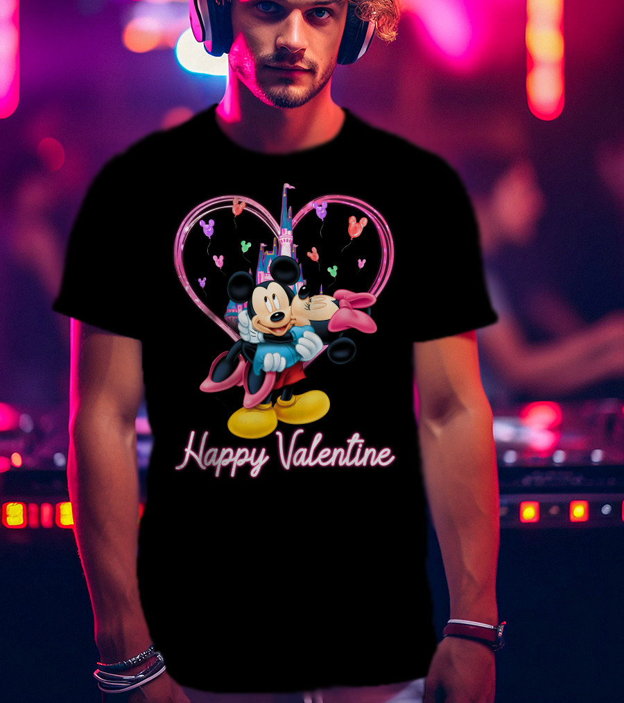 Mickey & Minnie Happy Valentine Heart And Castle Celebration T-Shirt