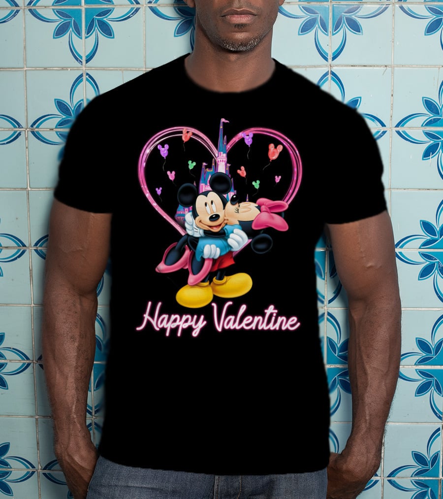 Mickey & Minnie Happy Valentine Heart And Castle Celebration T-Shirt