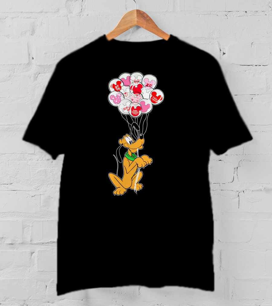 Pluto Holding Mickey And Minnie Balloons With Hearts And Xo Patterns T-Shirt