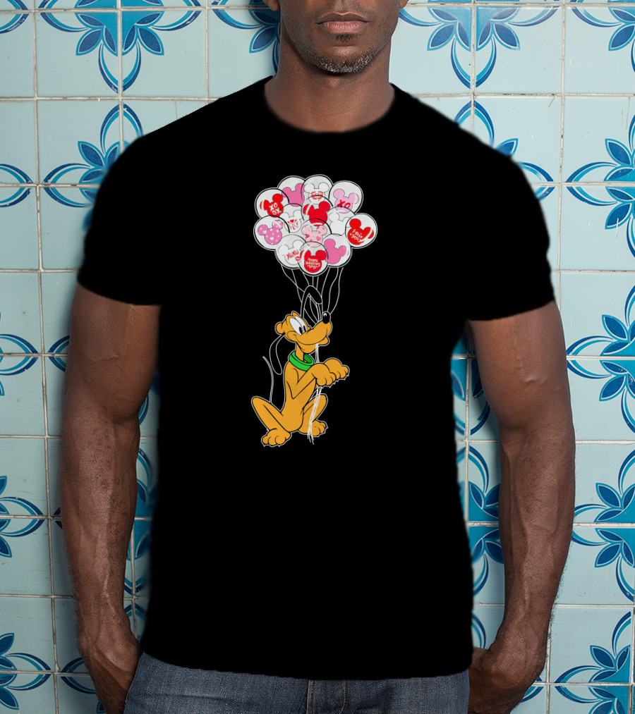 Pluto Holding Mickey And Minnie Balloons With Hearts And Xo Patterns T-Shirt