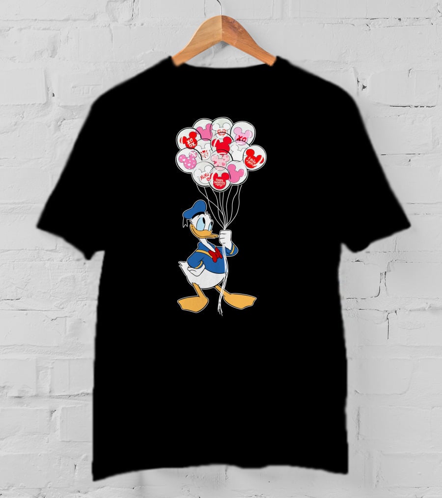 Donald Duck Holding Heart Balloons With Mickey Mouse And Minnie Icons T-Shirt