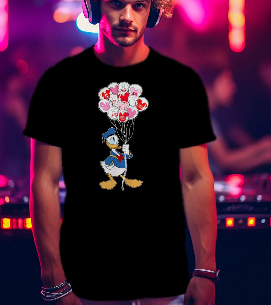 Donald Duck Holding Heart Balloons With Mickey Mouse And Minnie Icons T-Shirt