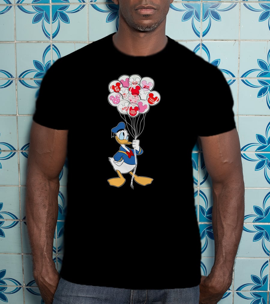 Donald Duck Holding Heart Balloons With Mickey Mouse And Minnie Icons T-Shirt