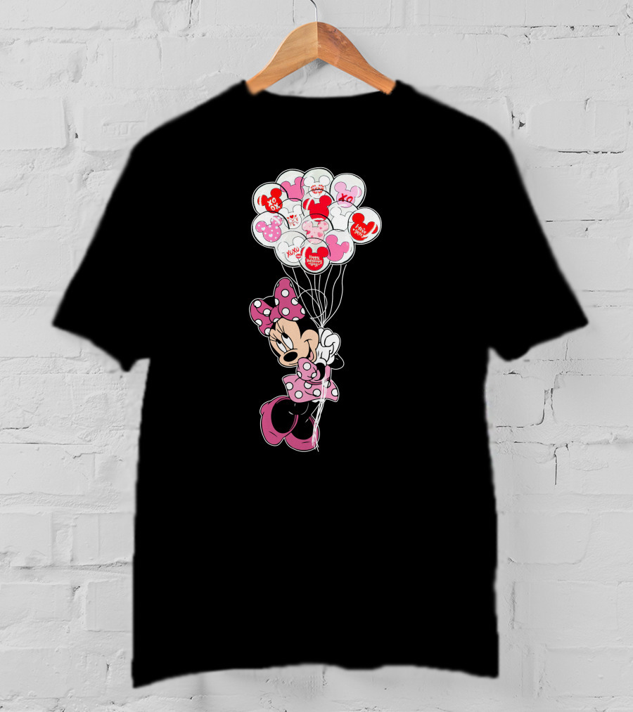 Minnie Mouse Holding Heart Balloons With Xoxo And Hugs Kisses Patterns T-Shirt