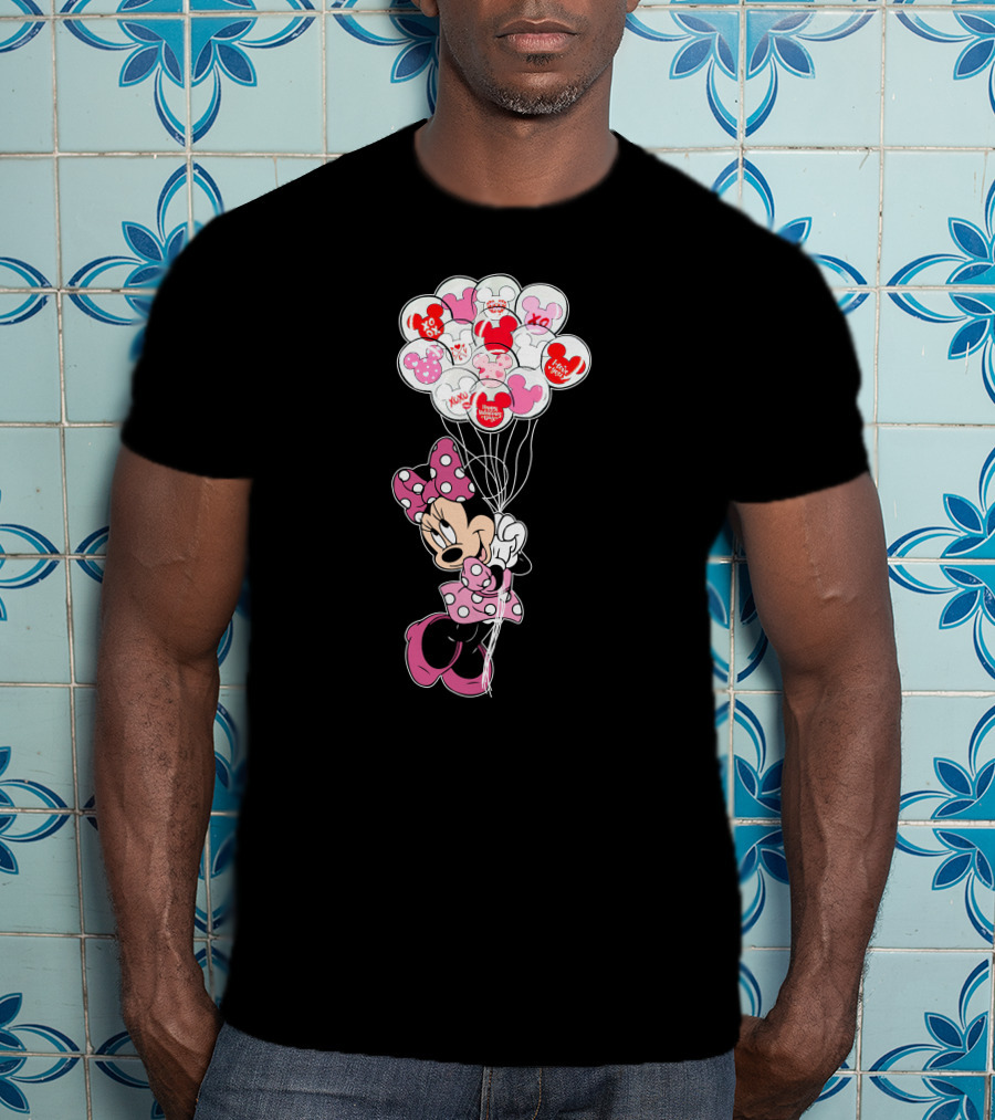 Minnie Mouse Holding Heart Balloons With Xoxo And Hugs Kisses Patterns T-Shirt