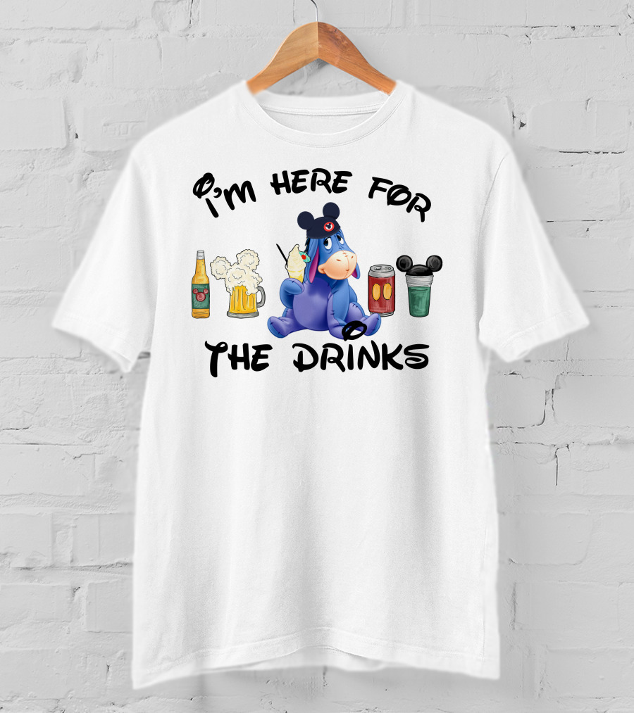 I'm Here For The Drinks Eeyore With Mickey Ears Drinking Beer Soda And Cocktail T-Shirt