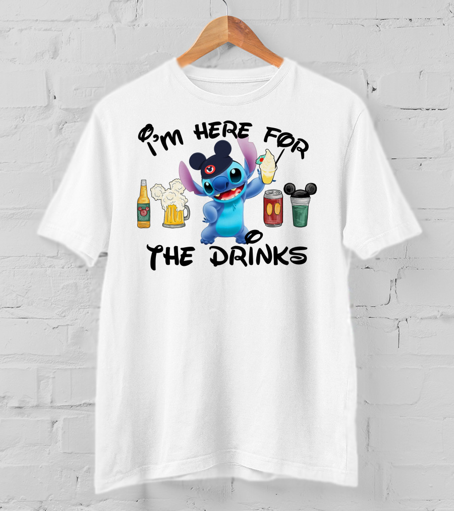 I'm Here For The Drinks Disney Stitch Hat Beer Cocktails T-Shirt