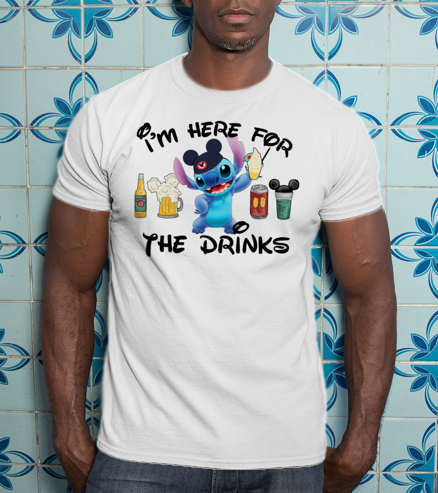 I'm Here For The Drinks Disney Stitch Hat Beer Cocktails T-Shirt