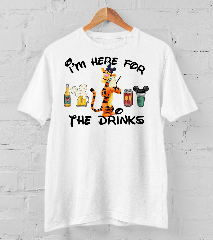 I'm Here For The Drinks Tigger Mickey Ears Beer Can Bottle T-Shirt
