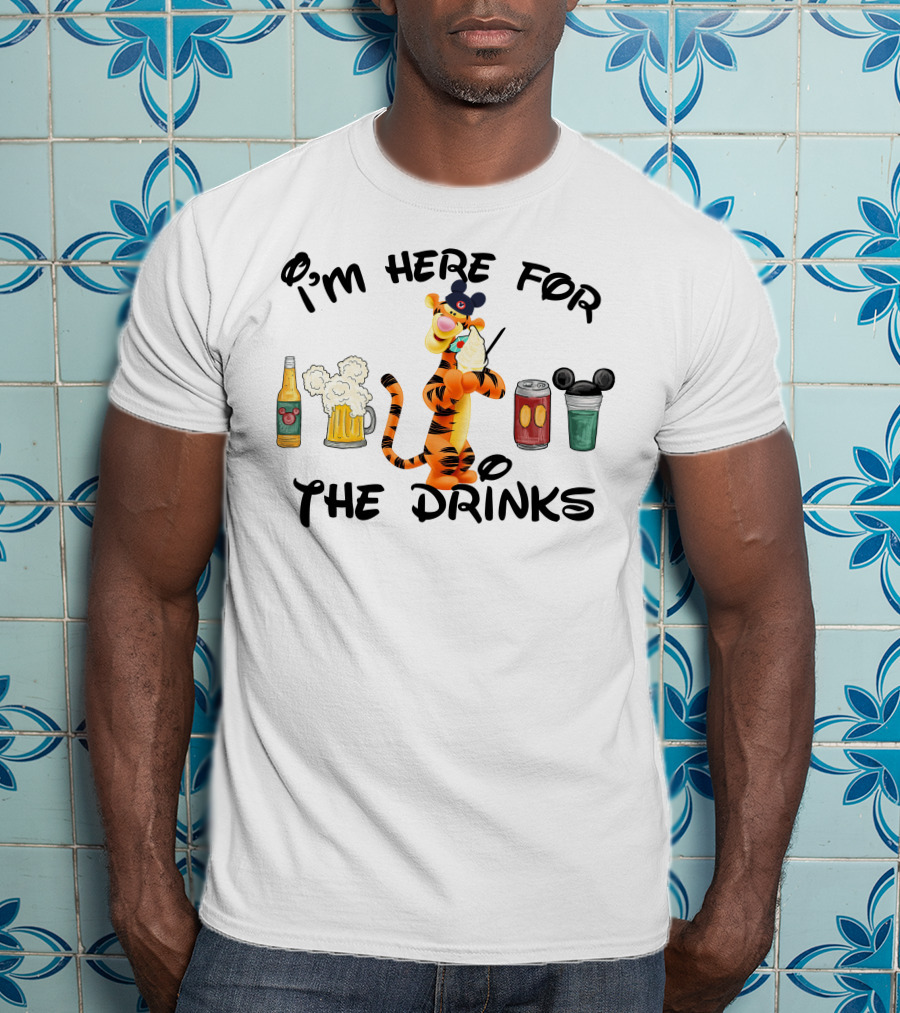 I'm Here For The Drinks Tigger Mickey Ears Beer Can Bottle T-Shirt