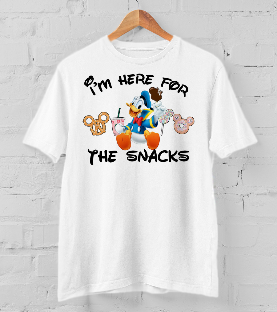 I'm Here For The Snacks Donald Duck Mickey Mouse Pretzel Lollipop Ice Cream Drink T-Shirt