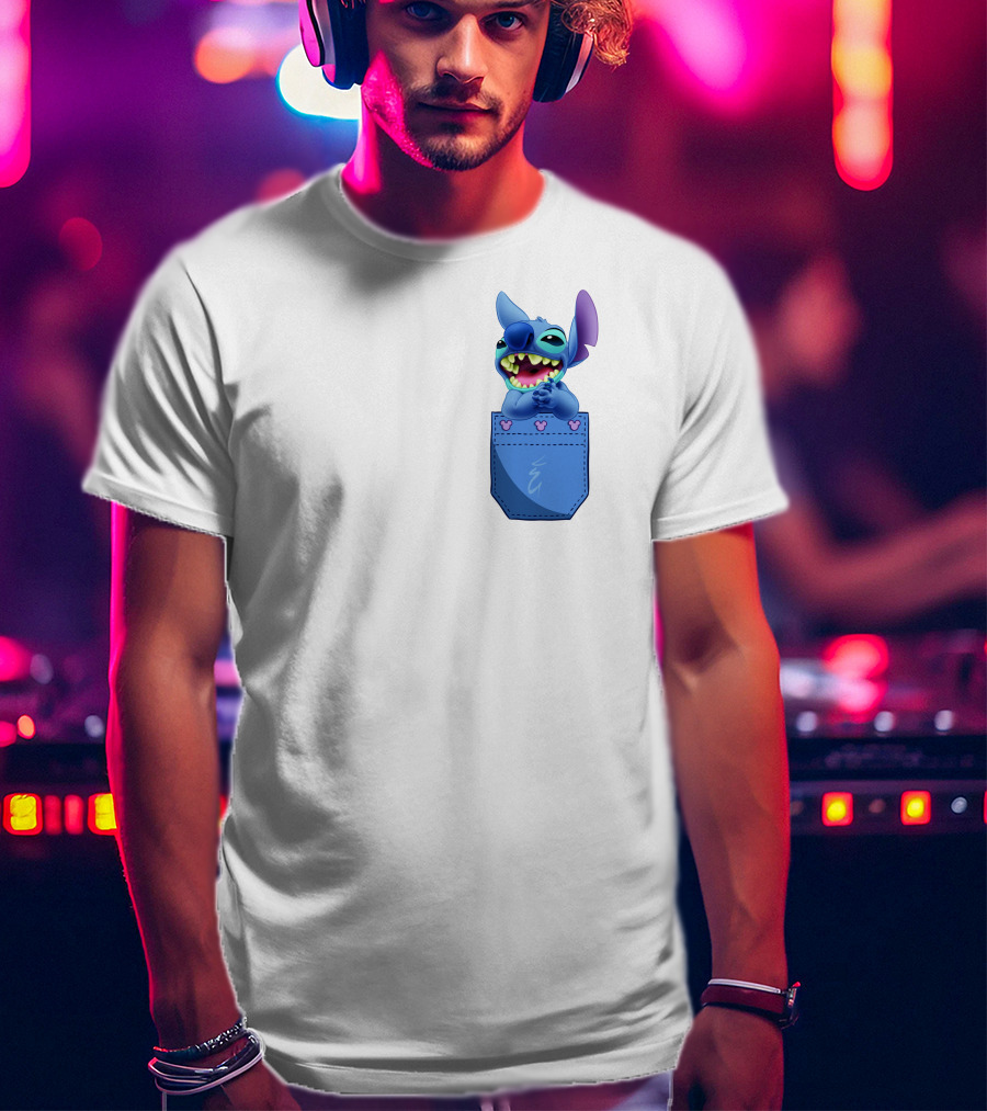 Stitch Pocket Smiling Face With Purple Ears T-Shirt