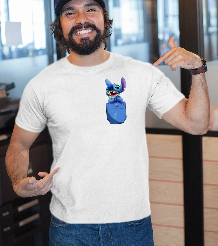 Stitch Pocket Smiling Face With Purple Ears T-Shirt