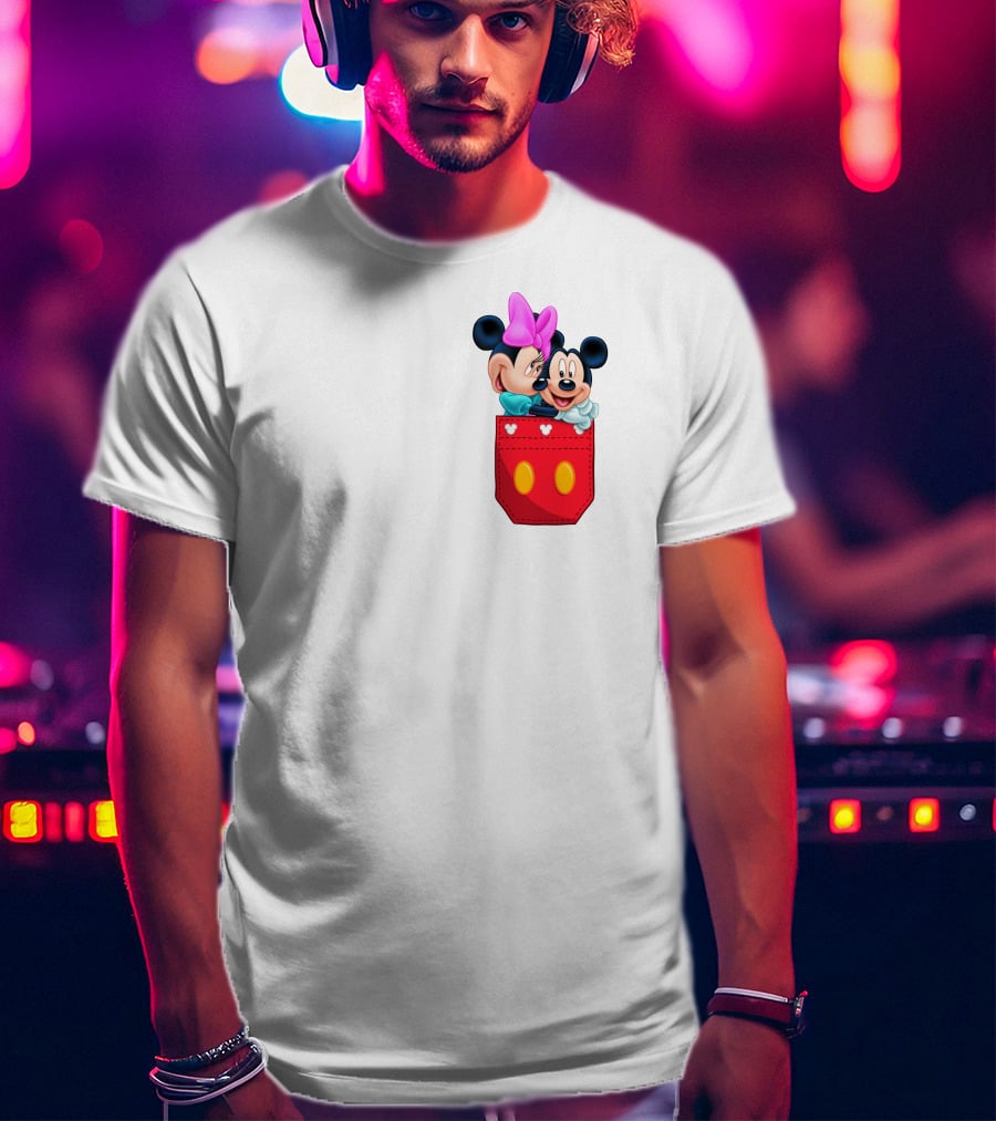 Mickey Mouse And Minnie Mouse In Red Pocket With Hearts And Bow T-Shirt