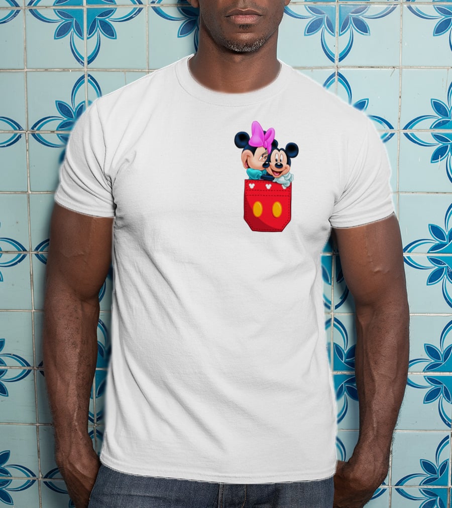 Mickey Mouse And Minnie Mouse In Red Pocket With Hearts And Bow T-Shirt