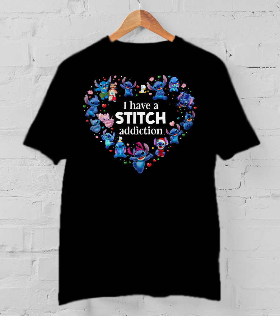 I Have A Stitch Addiction Heart Pattern With Characters T-Shirt